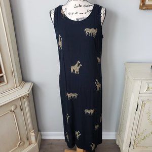 Basic Editions Sleeveless Long Dress Black with African Animals Size 12